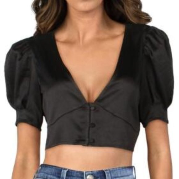DANIELLE BERNSTEIN Tops - DANIELLE BERNSTEIN Womens Black Button Front Short Cropped Top - Medium - NEW